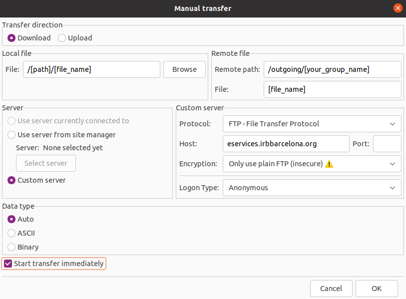 Filezilla transfer config